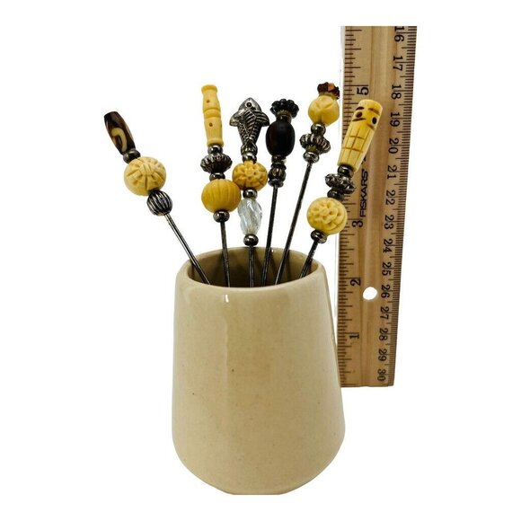 Cocktail Hors d’oeuvre Forks in Ceramic Holder Set of 7 Carved Silver Beige - Picture 2 of 9